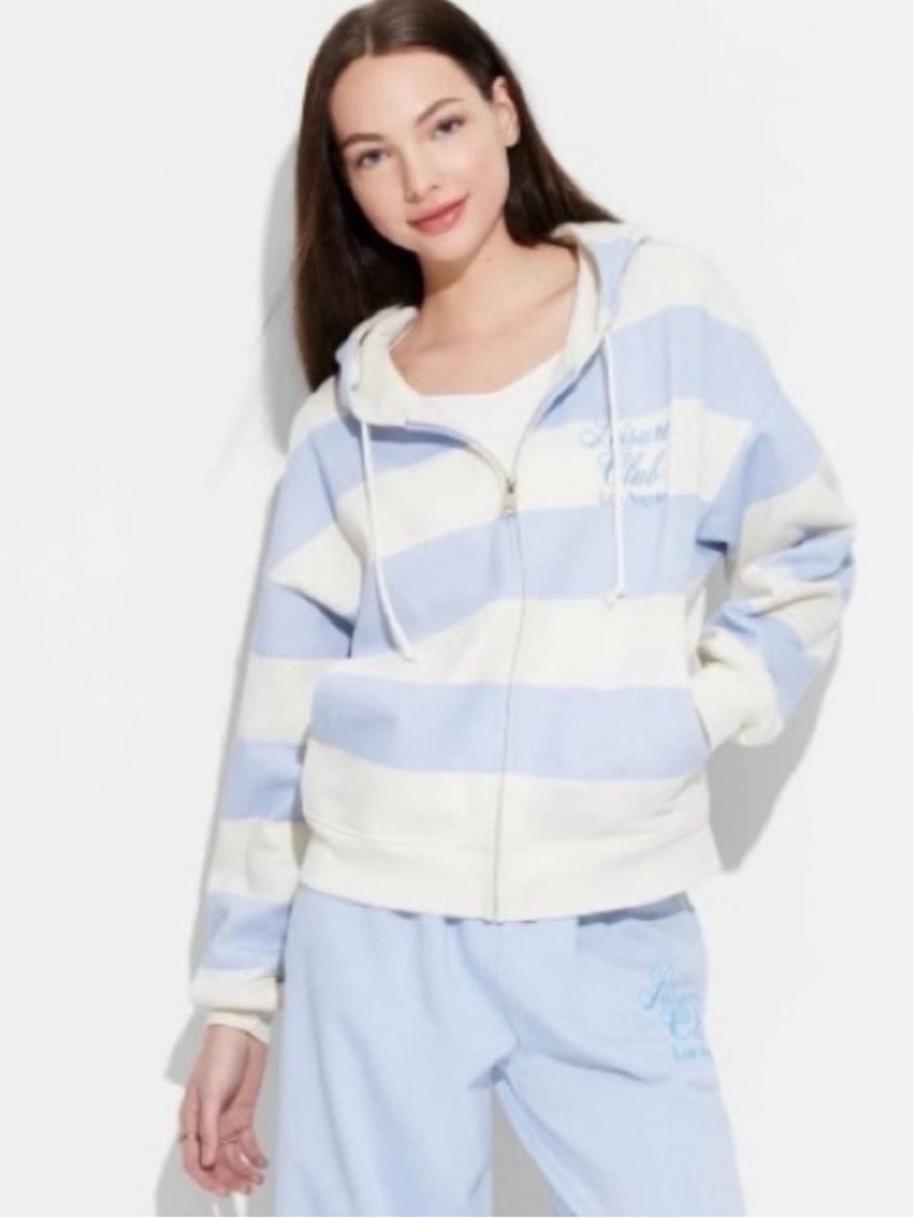 Women's Leisure Zip-up Striped Graphic Hoodie Sweatshirt - Blue Size XS
New